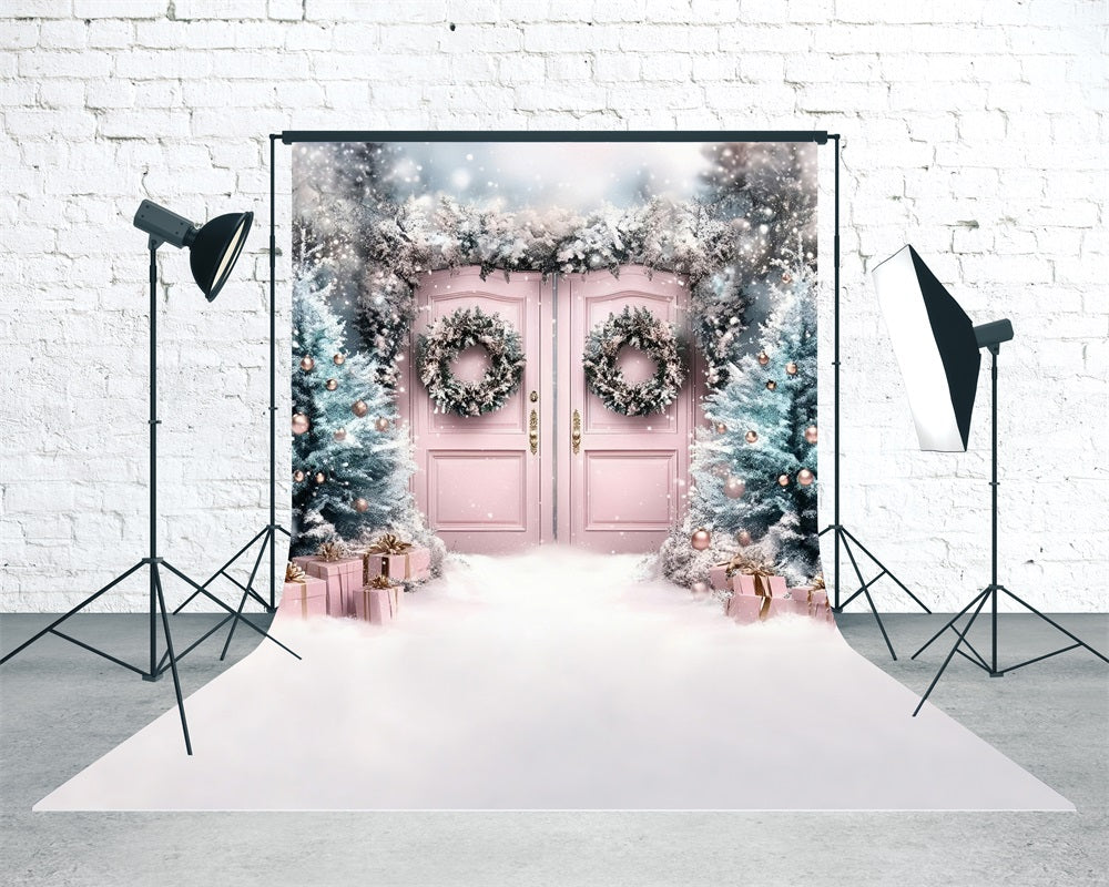 Pink Christmas Backdrop Dreamy Pale Pink Christmas Wreath Gate Christmas Backdrops for Photos UK MRR8-113