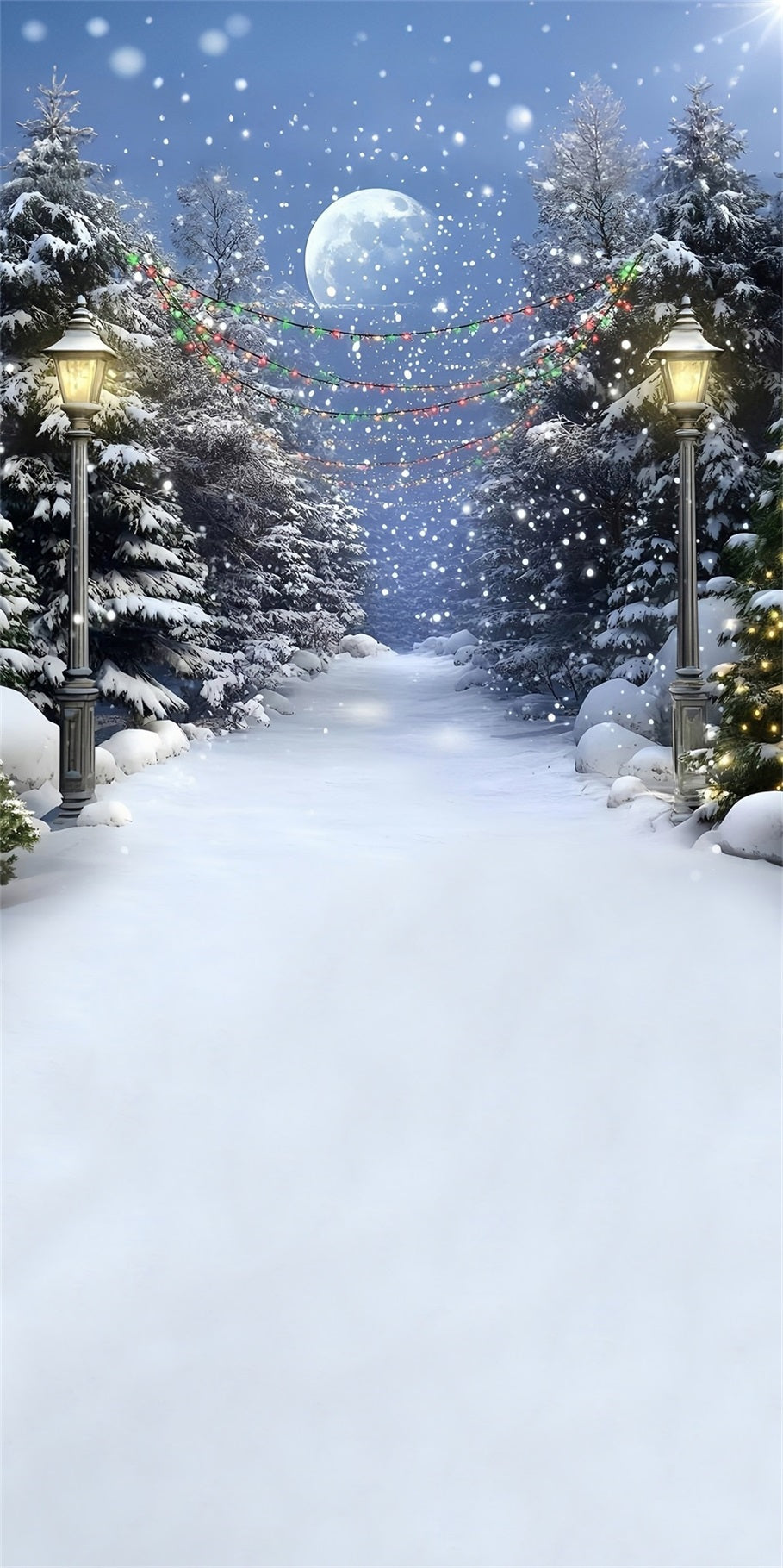 Christmas Tree Farm Backdrop Snowy Night Colored Lights Cedar Trail Christmas Backdrop UK MRR8-116