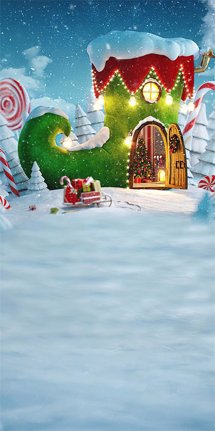 Holiday Backdrop Fairytale Green Boots Cottage Christmas Backdrops UK MRR8-117