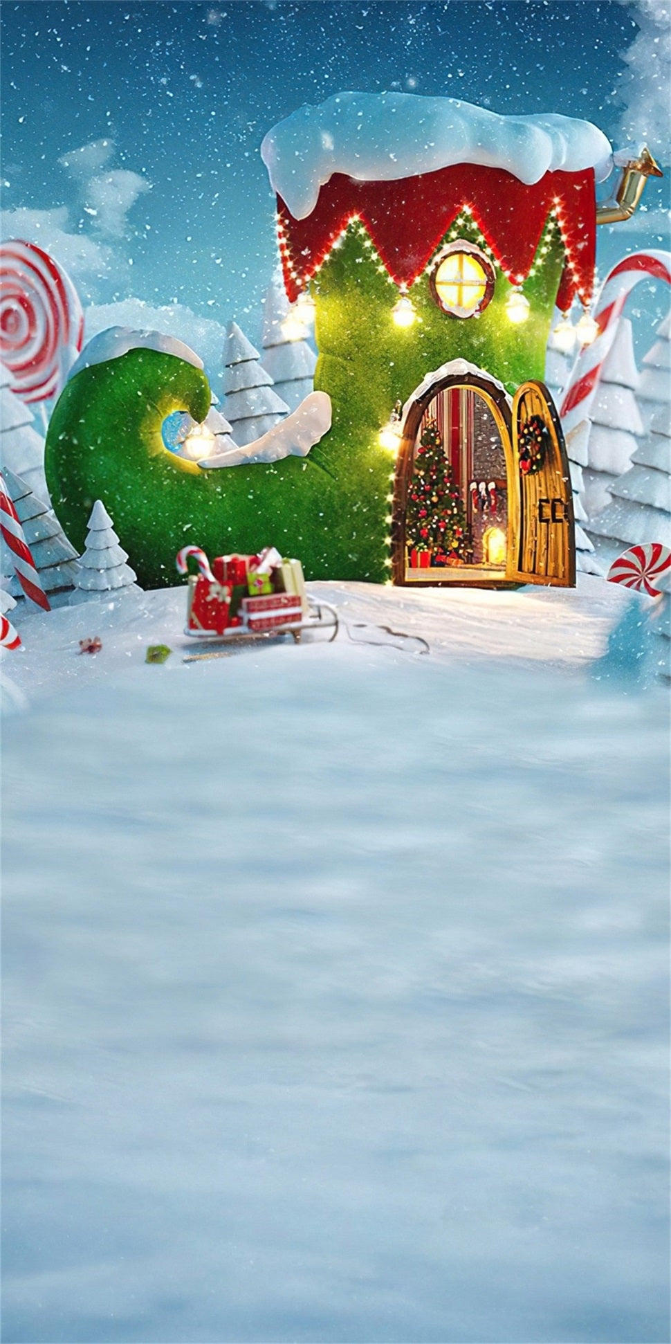Holiday Backdrop Fairytale Green Boots Cottage Christmas Backdrops UK MRR8-117