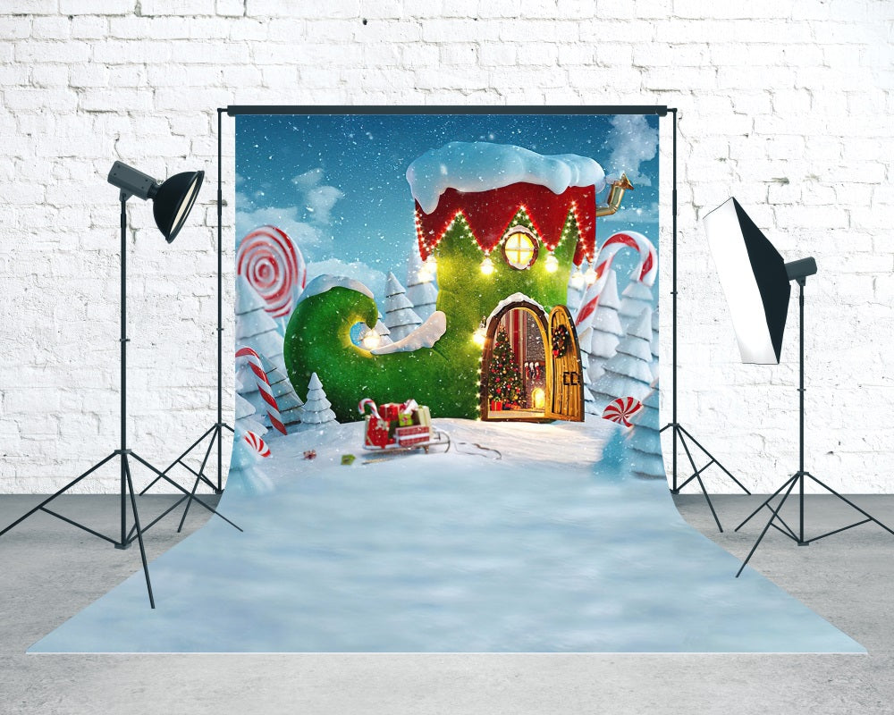Holiday Backdrop Fairytale Green Boots Cottage Christmas Backdrops UK MRR8-117