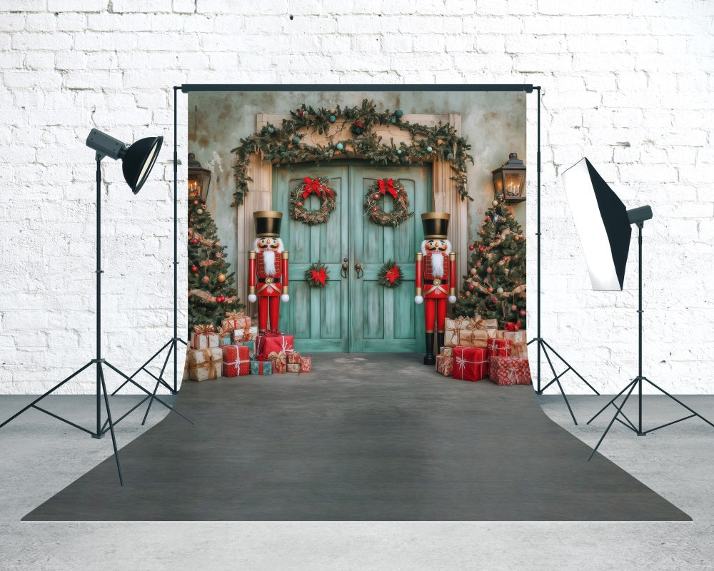 Holiday Backdrop Nutcracker Christmas Blue Wooden Door Christmas Backdrops for Photography UK MRR8-120