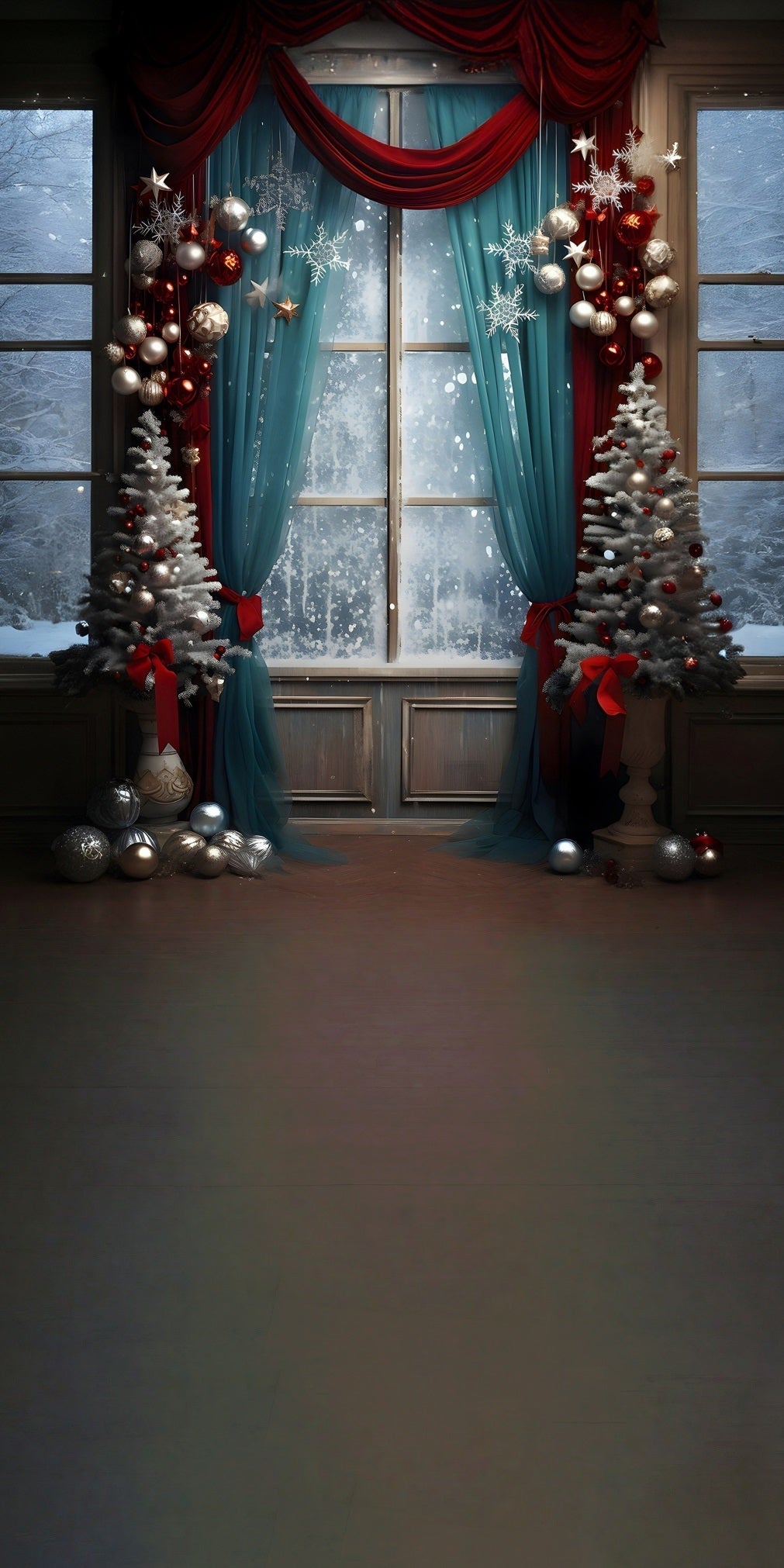 Christmas Backdrop Photography Blue Screen Curtains Snowy Glass Window Christmas Photo Backdrops UK MRR8-121