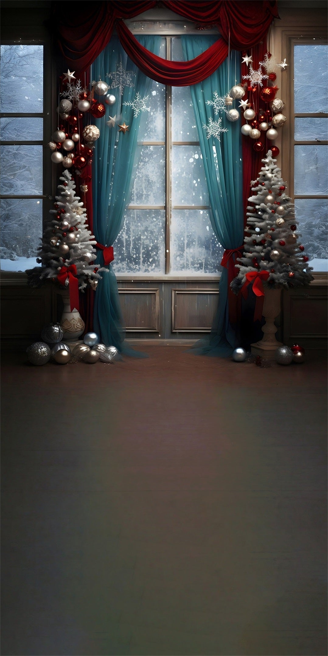 Christmas Backdrop Photography Blue Screen Curtains Snowy Glass Window Christmas Photo Backdrops UK MRR8-121