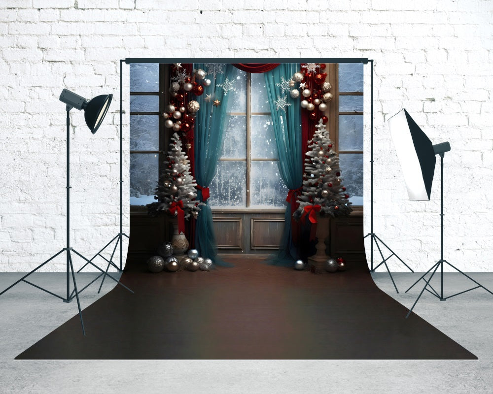 Christmas Backdrop Photography Blue Screen Curtains Snowy Glass Window Christmas Photo Backdrops UK MRR8-121