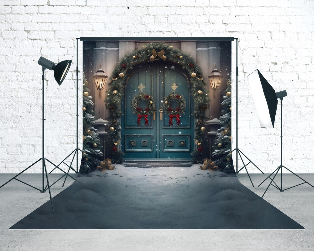 Christmas Backdrop Photography Classic Peacock Blue Christmas Wreath Gate Christmas Backdrops 10x10 UK MRR8-125