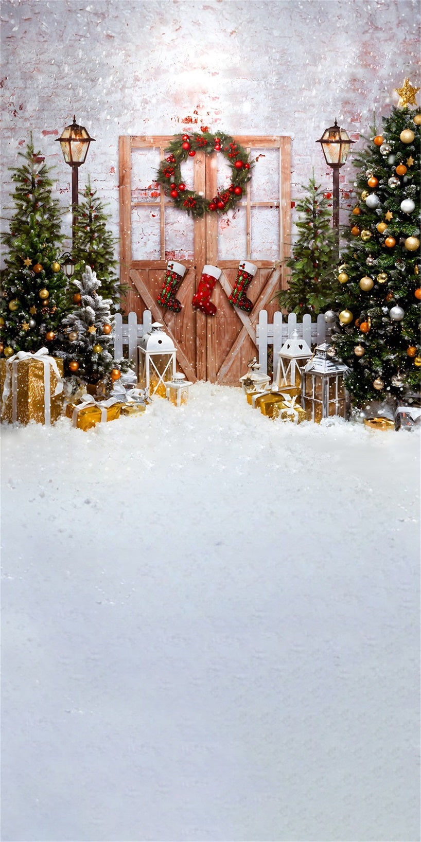 Christmas Tree Backdrop Classic Snowy Christmas Wooden Door Christmas Backdrops for Photos UK MRR8-128