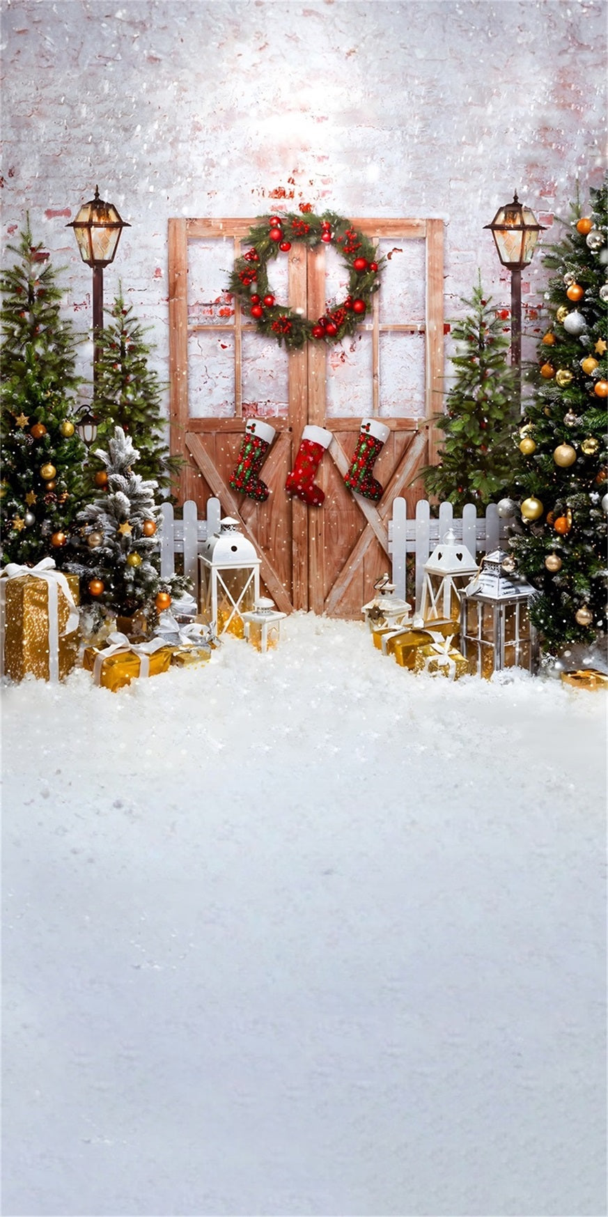 Christmas Tree Backdrop Classic Snowy Christmas Wooden Door Christmas Backdrops for Photos UK MRR8-128