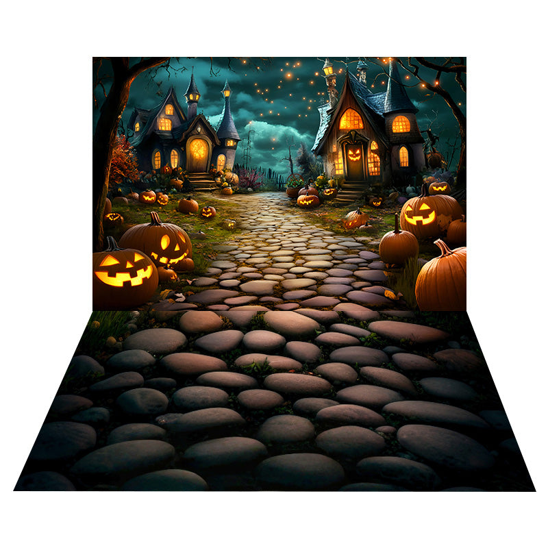 Pumpkin Lantern Village Backdrop+Pebble Stone Floor Backdrop UK MRR8-133
