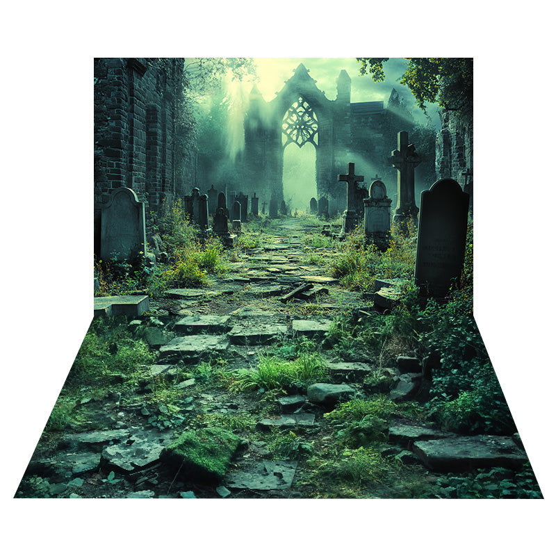 Ruined Gothic Cemetery Backdrop+Mossy Stone Floor Backdrop UK MRR8-137