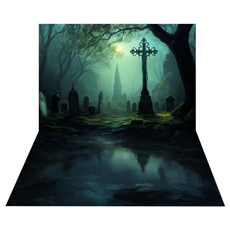 Misty Forest Graveyard Backdrop+Foggy Reflection Floor Backdrop UK MRR8-138