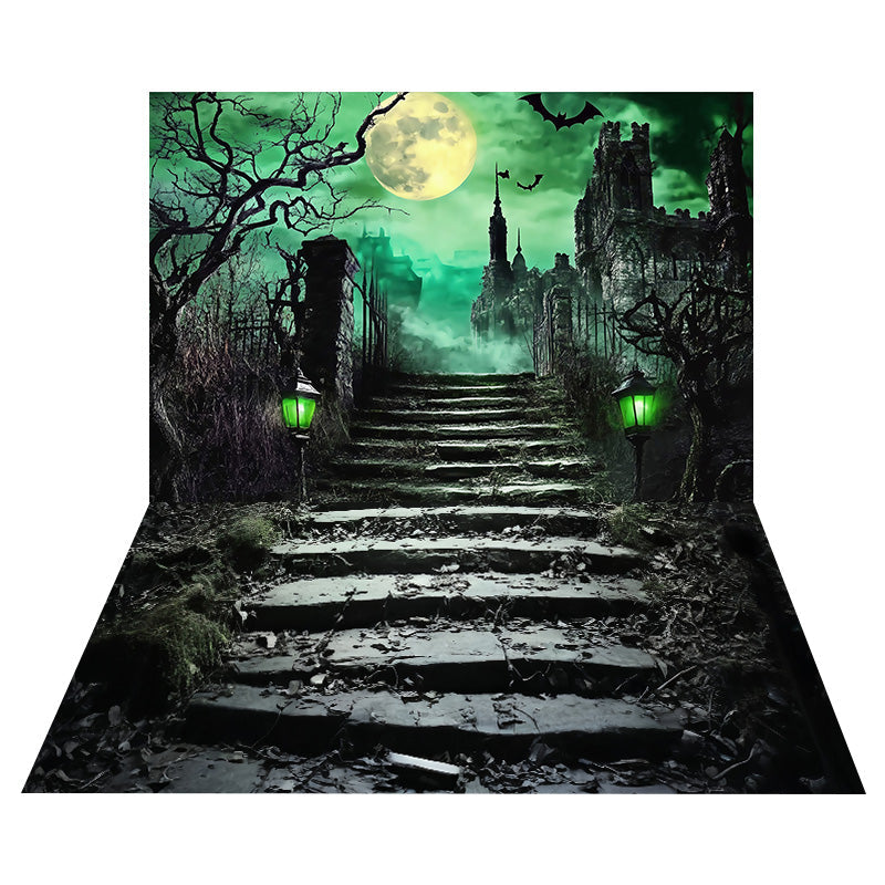 Haunted Castle Full Moon Backdrop+Stone Leaf Stair Floor Backdrop UK MRR8-140