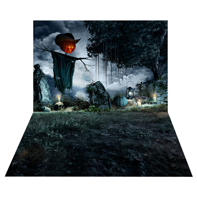 Pumpkin Scarecrow Graveyard Backdrop+Moody Grass Leaf Floor Backdrop UK MRR8-149
