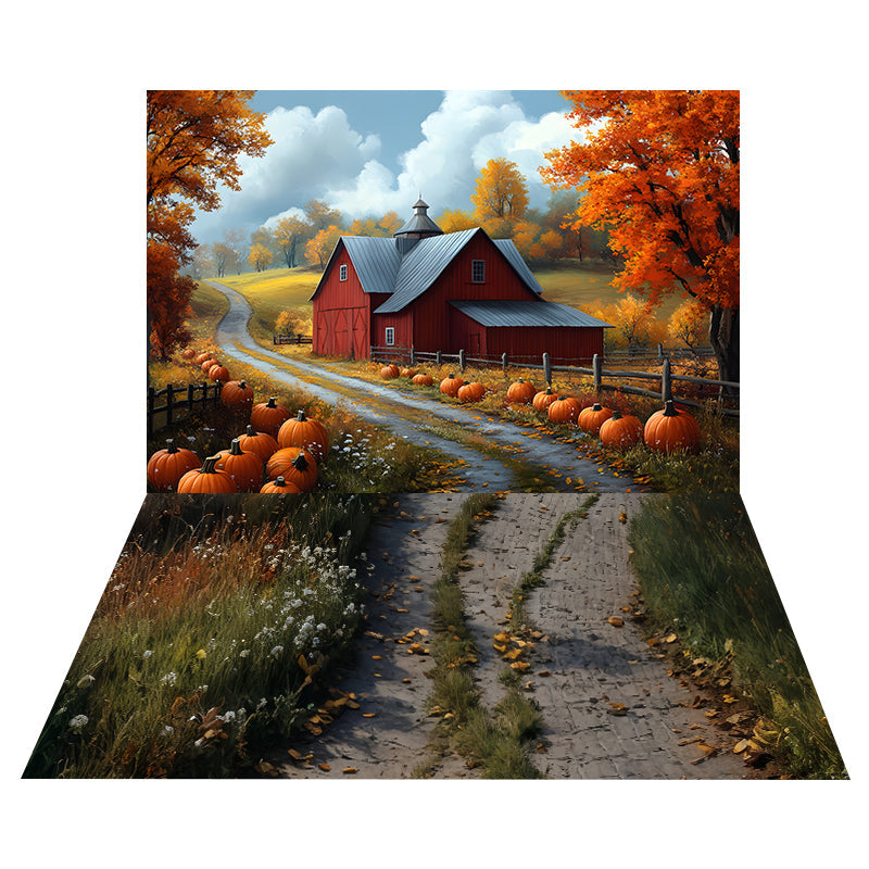 Pumpkin Farm Barn Backdrop+Rustic Stone Path Floor Backdrop UK MRR8-164