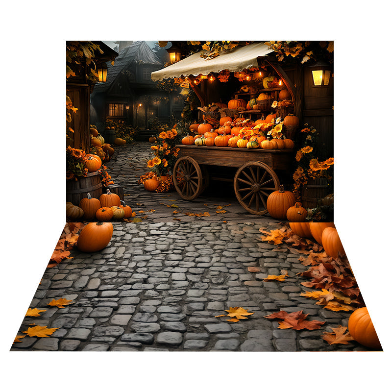 Pumpkin Market Cart Backdrop+Cobblestone Pumpkins Leaves Floor Backdrop UK MRR8-168