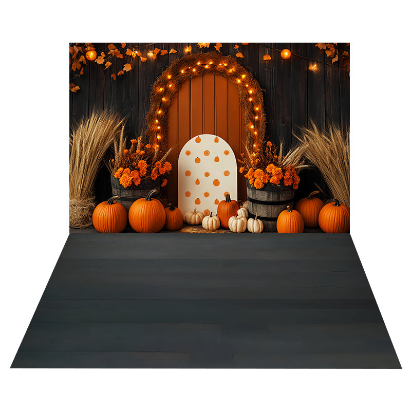 Pumpkin Glow Arch Backdrop+Dark Wood Rustic Floor Backdrop UK MRR8-175