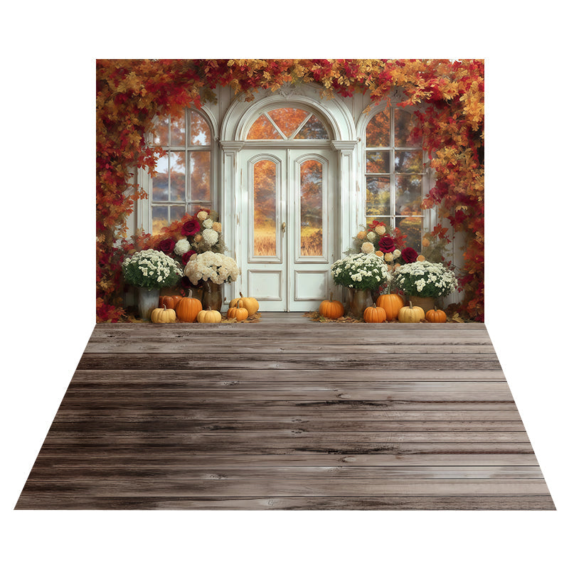 Pumpkins Flowers Doorway Backdrop+Weathered Pine Board Floor Backdrop UK MRR8-179