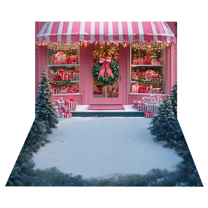 Pink Christmas Shop Backdrop+Frosted Pine Snow Floor Backdrop UK MRR8-195