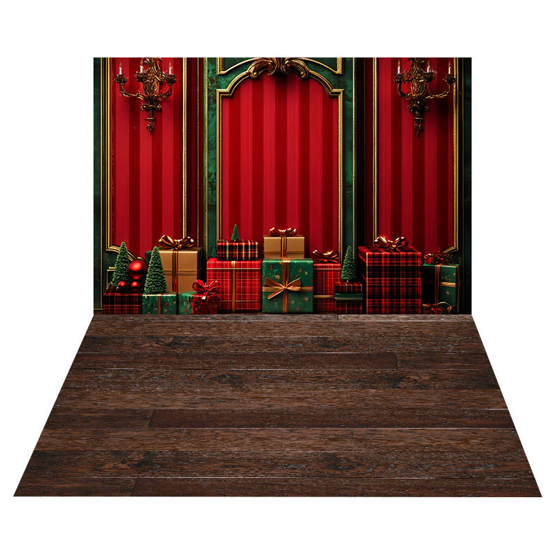 Red Wall Gift Boxes Backdrop+Dark Rustic Oak Floor Backdrop UK MRR8-208