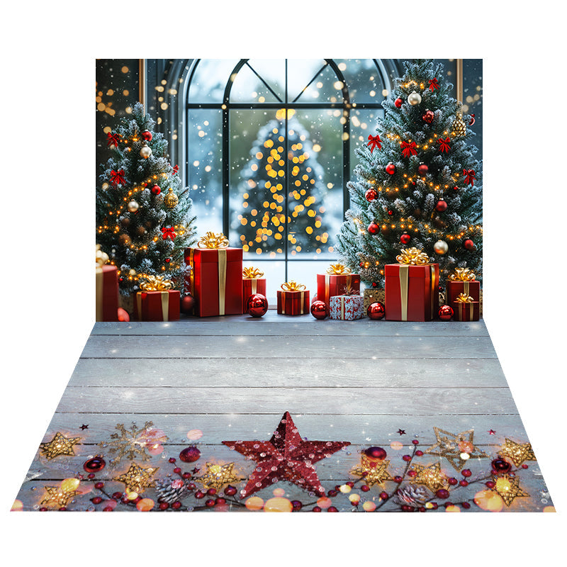 Golden Gift Trees Backdrop+Frosted Star Ornament Floor Backdrop UK MRR8-211