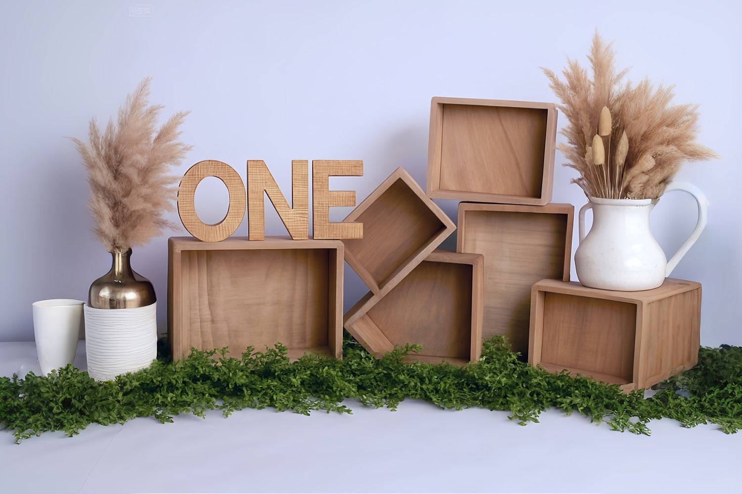 Cake Smash Backdrops Wooden Boxes Pampas Arrangement 1st Birthday Backdrop UK MRR8-269