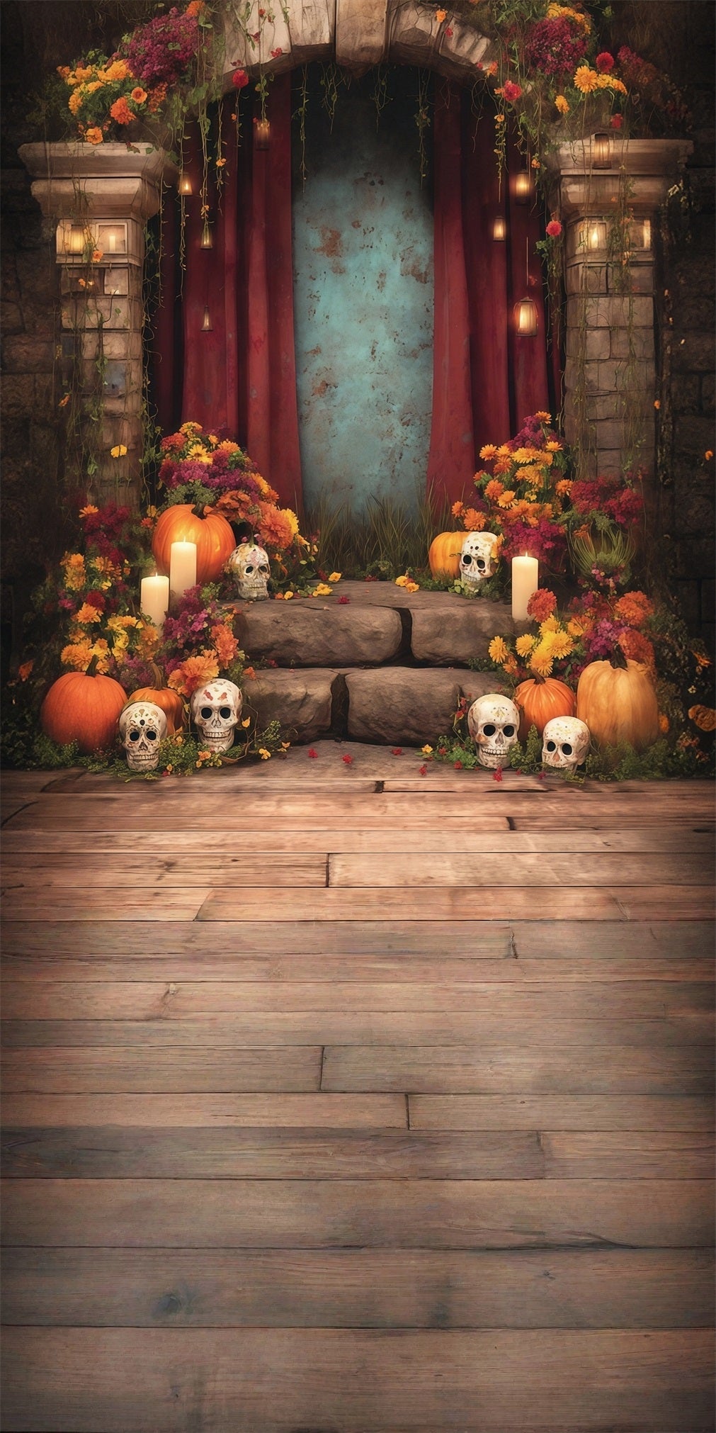 Spooky Halloween Backdrop Tranquil Flowers Candles Adorned Steps Sweep Backdrop UK MRR8-52