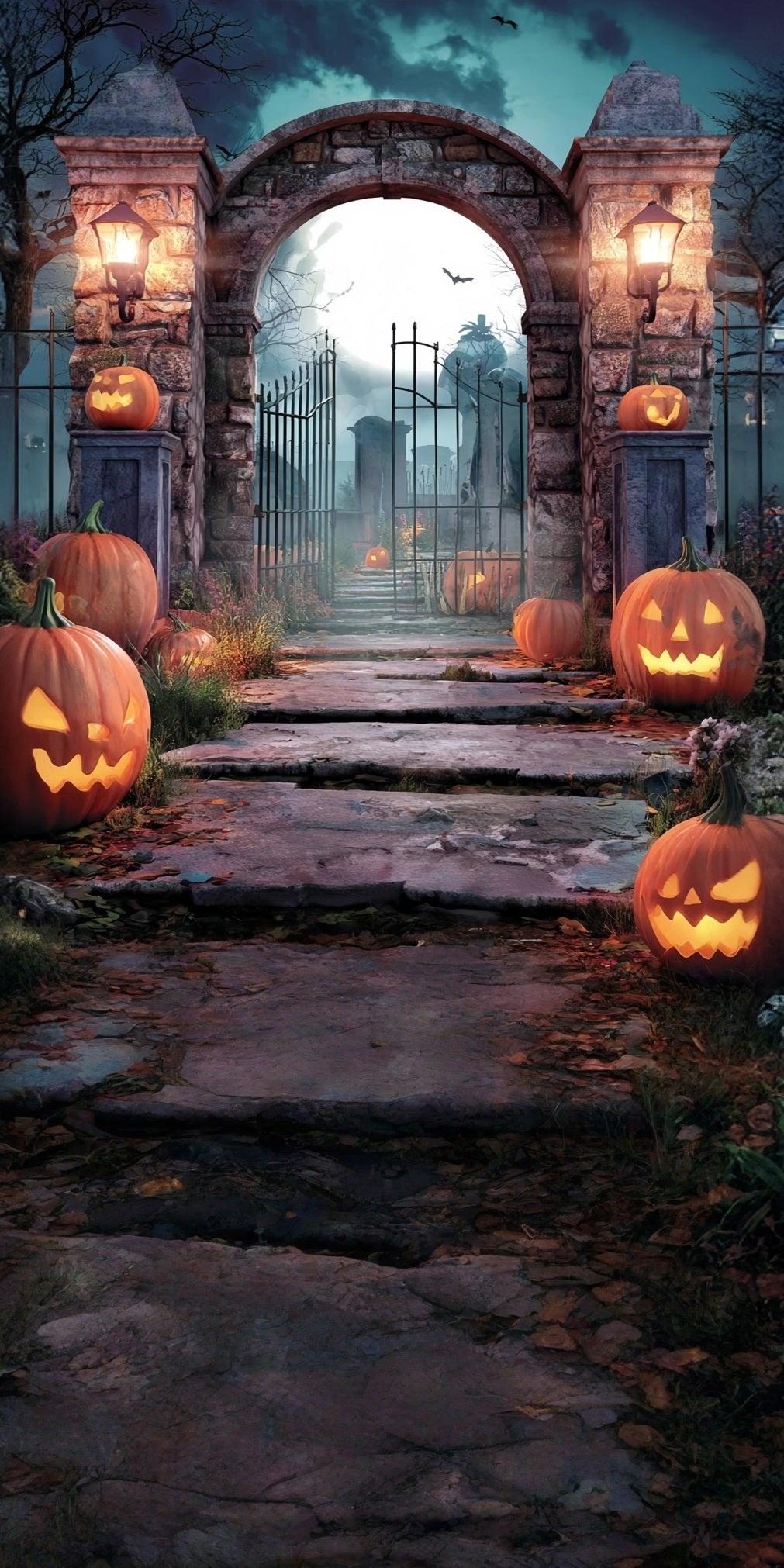 Halloween Graveyard Backdrop Pumpkin Lamps Stone Brick Cemetery Gate Sweep Backdrop UK MRR8-53