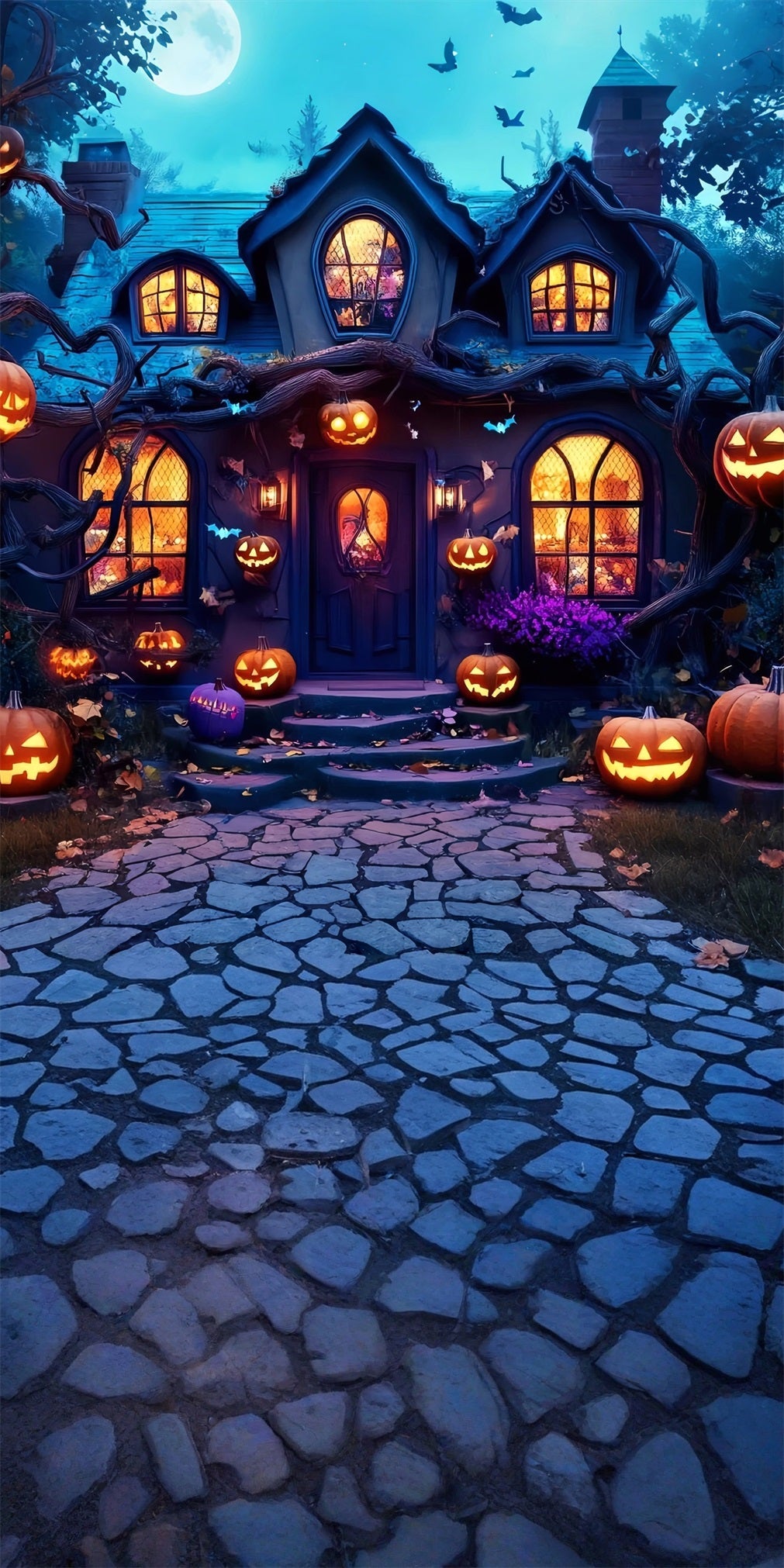 Haunted House Backdrop Moonlit Pumpkin Lamp Enchanted Cottage Sweep Backdrop UK MRR8-57