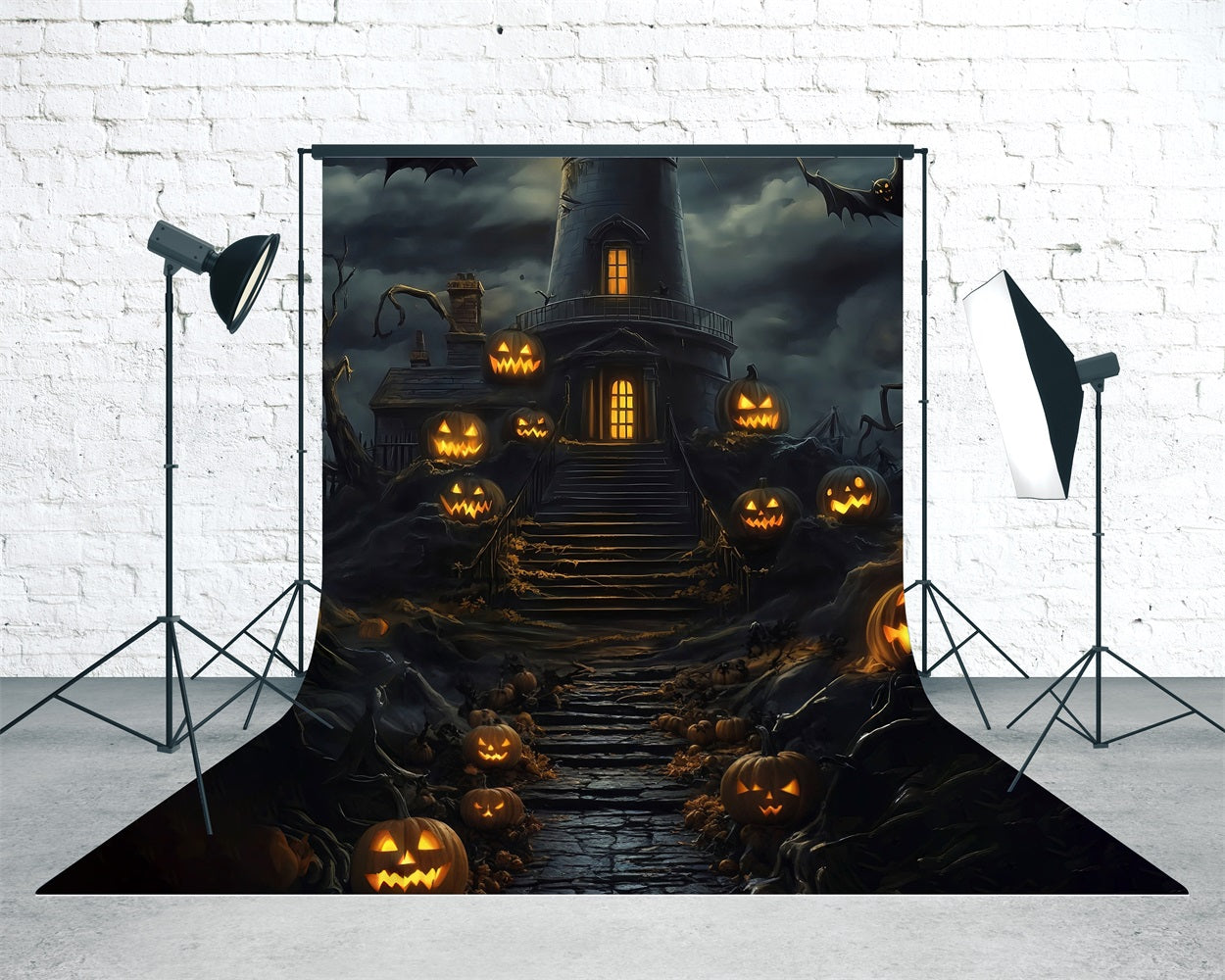 Halloween Backdrop Pumpkin Lamp Steps Dark Clouds Dark Night Tower Sweep Backdrop UK MRR8-64