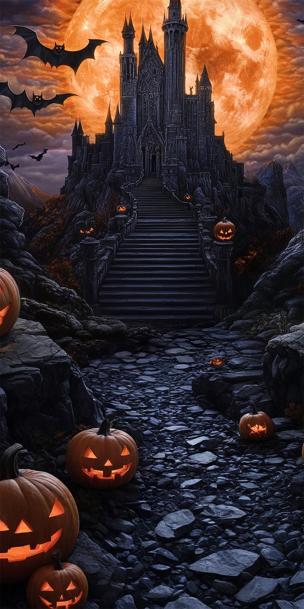Halloween Photo Backdrop Magical Giant Blood Moon Black Castle Sweep Backdrop UK MRR8-65