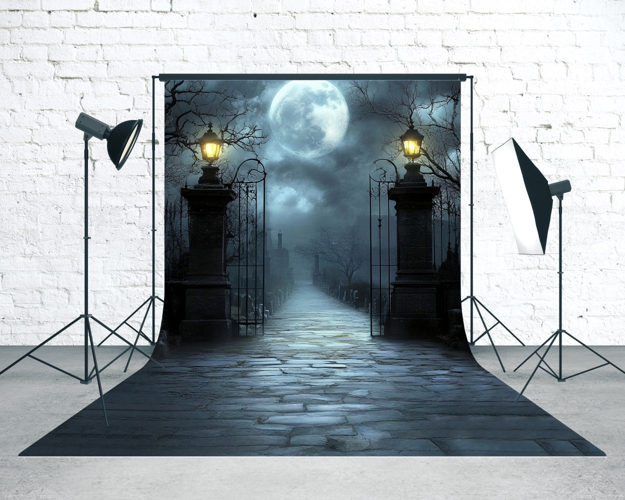 Halloween Backdrop Moonlit Night Misty Vintage Streetlight Cemetery Gates Sweep Backdrop UK MRR8-67