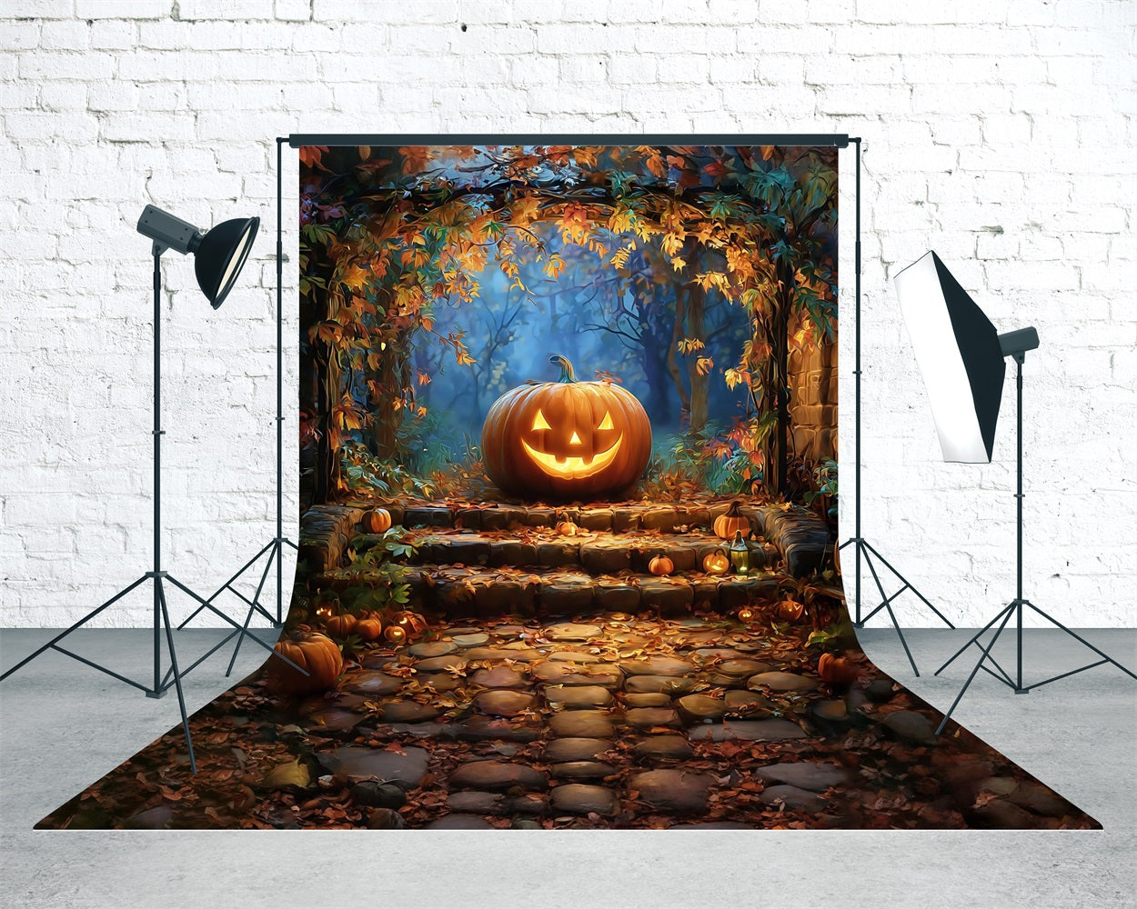 Halloween Wall Backdrop Wicked Smiley Pumpkin Lights Under Fall Leaves Sweep Backdrop UK MRR8-68
