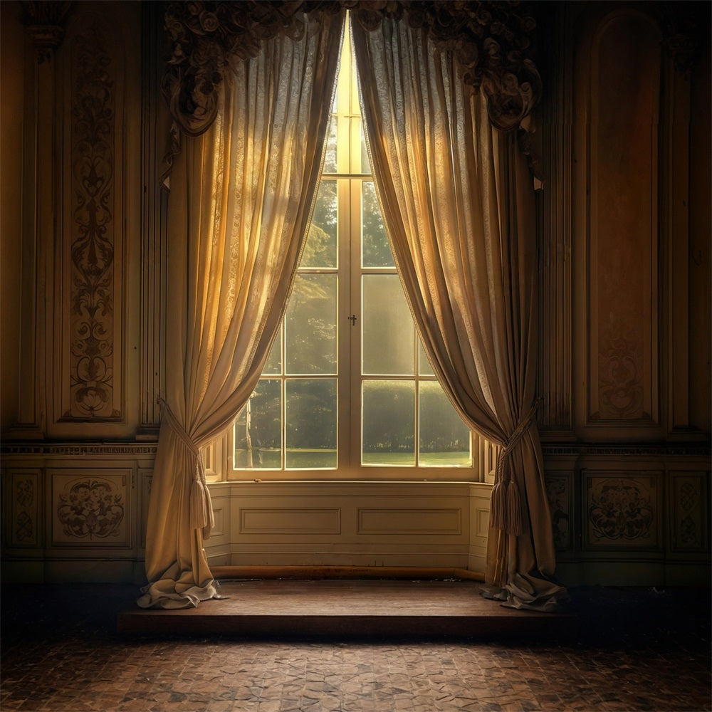 Vintage Backdrop Golden Drapes Framing Sunlit Window Antique Backdrop UK MRR9-103