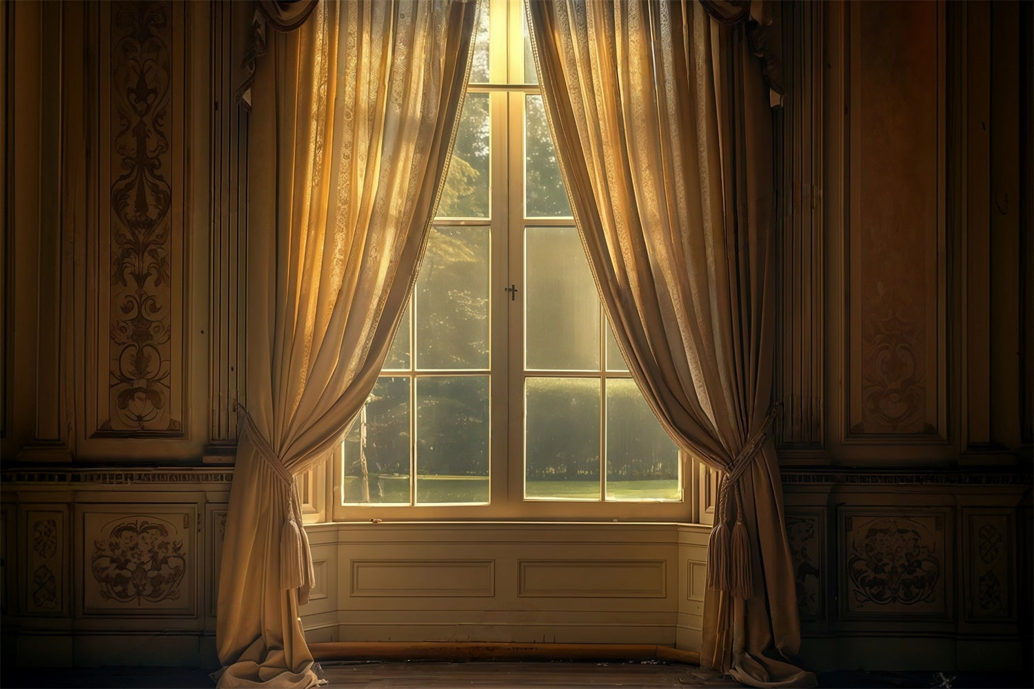 Vintage Backdrop Golden Drapes Framing Sunlit Window Antique Backdrop UK MRR9-103