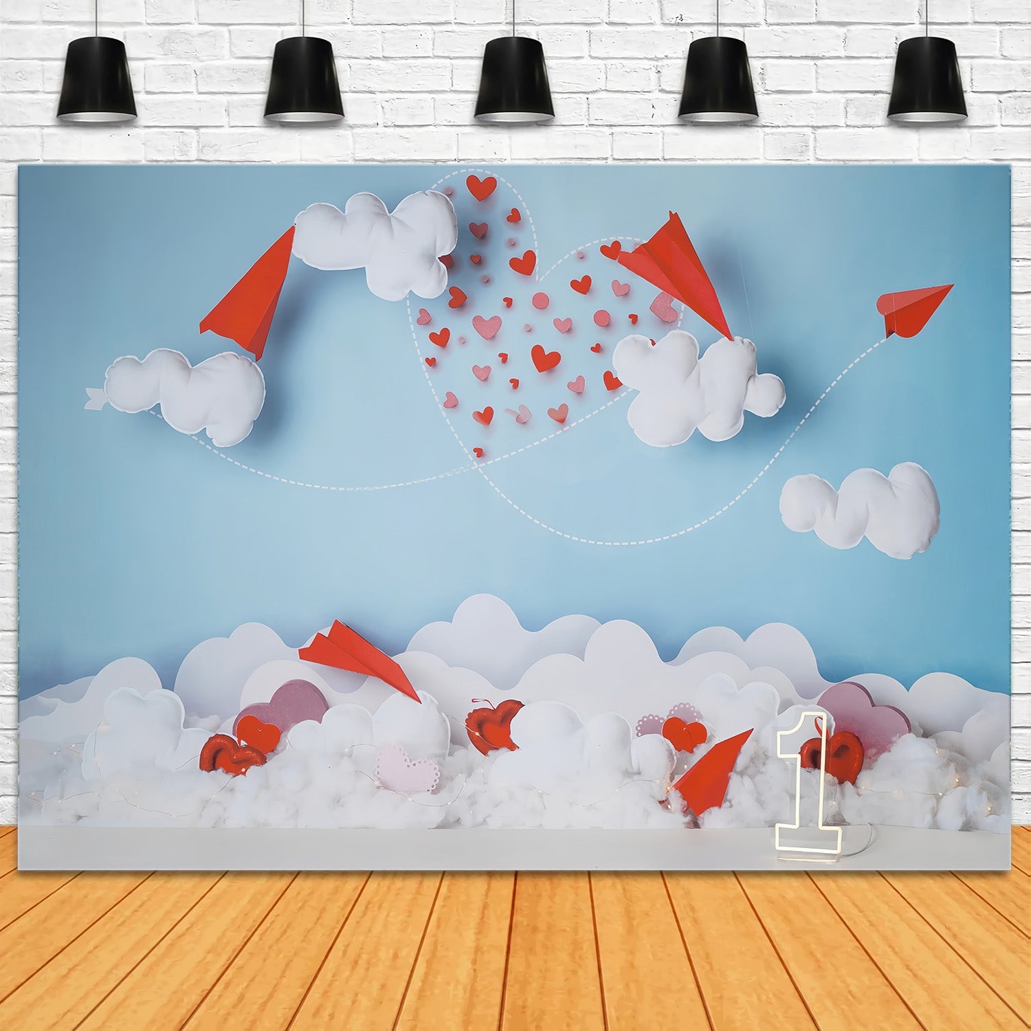 Valentine's Day Backdrop Paper Planes Clouds Heart Trail Valentine Backdrop UK MRR9-104