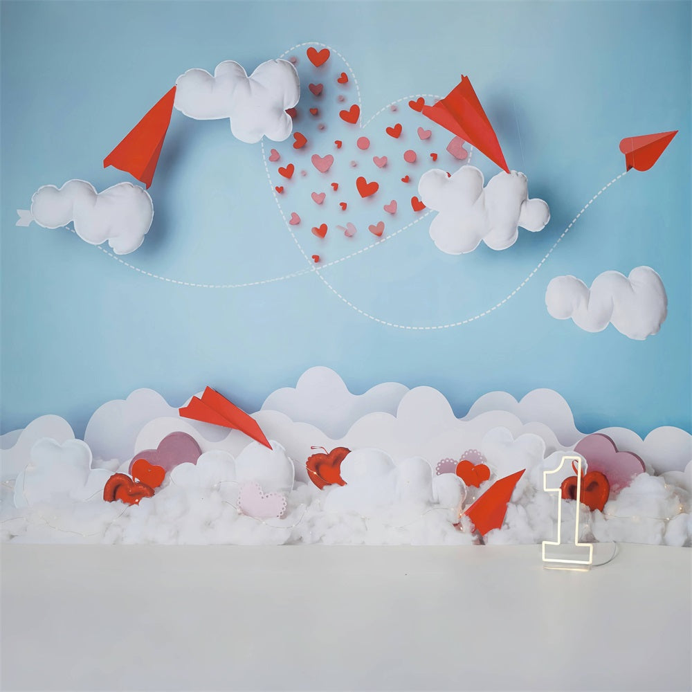 Valentine's Day Backdrop Paper Planes Clouds Heart Trail Valentine Backdrop UK MRR9-104