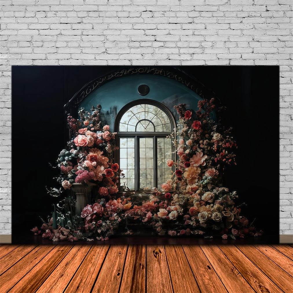 Floral Backdrop Arched Window Surrounded Flowers Vintage Photo Backdrop UK MRR9-106