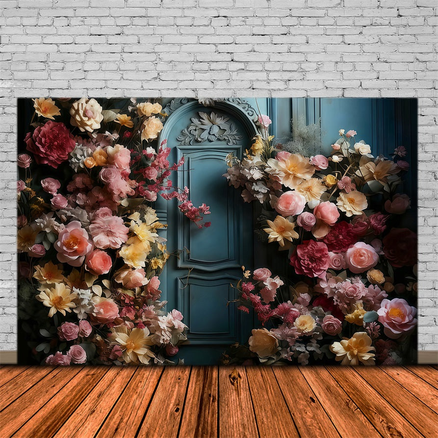 Flower Photo Backdrop Blue Door Blooming Flowers Floral Backdrop UK MRR9-123