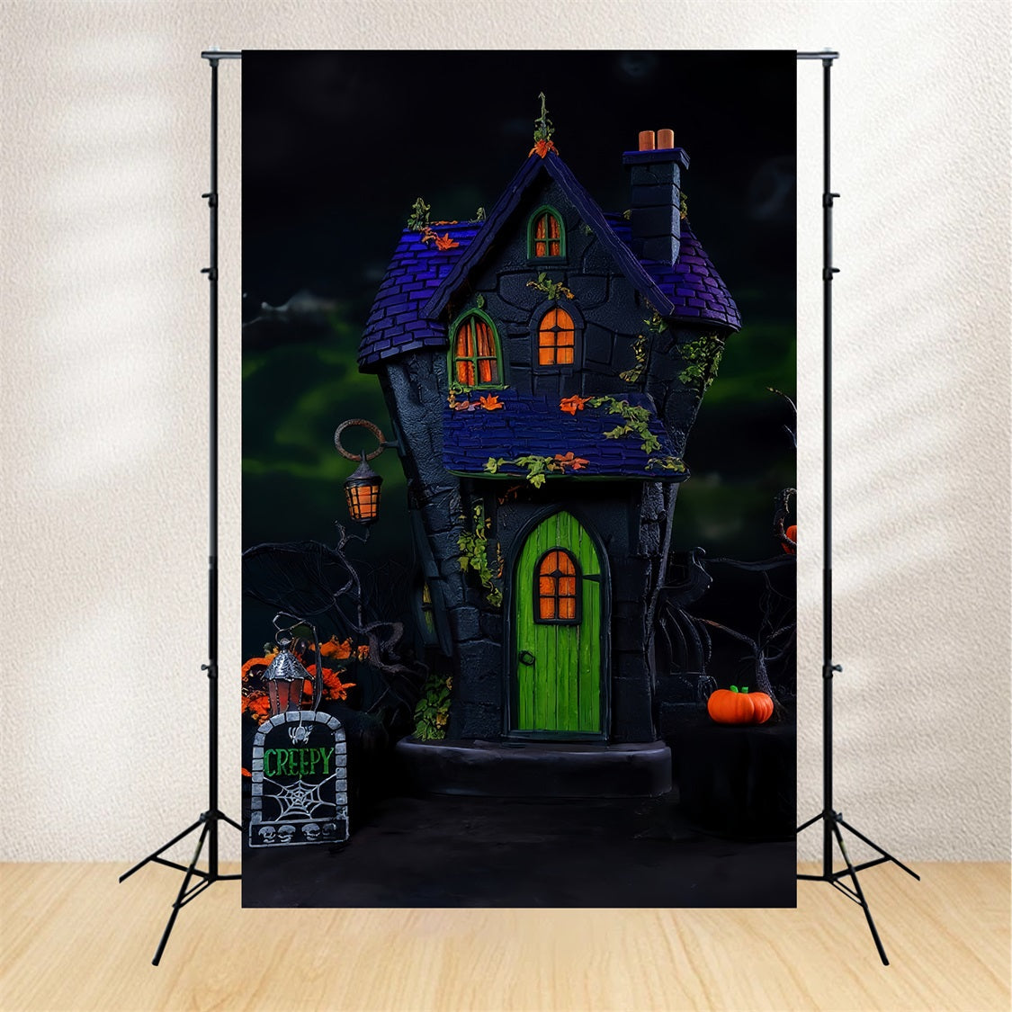 Spooky Halloween Backdrop Haunted House Green Door Lights Halloween Backdrop UK MRR9-131