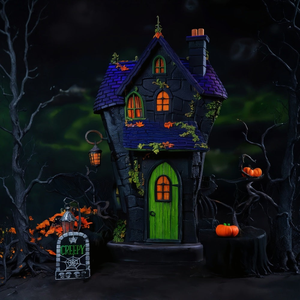 Spooky Halloween Backdrop Haunted House Green Door Lights Halloween Backdrop UK MRR9-131