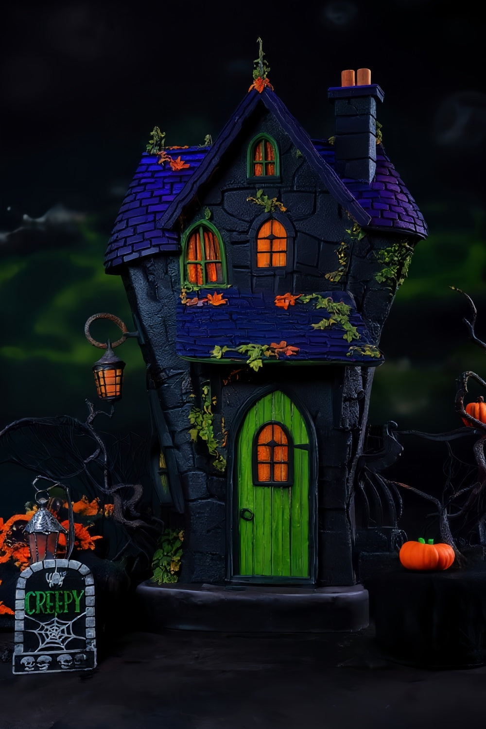 Spooky Halloween Backdrop Haunted House Green Door Lights Halloween Backdrop UK MRR9-131