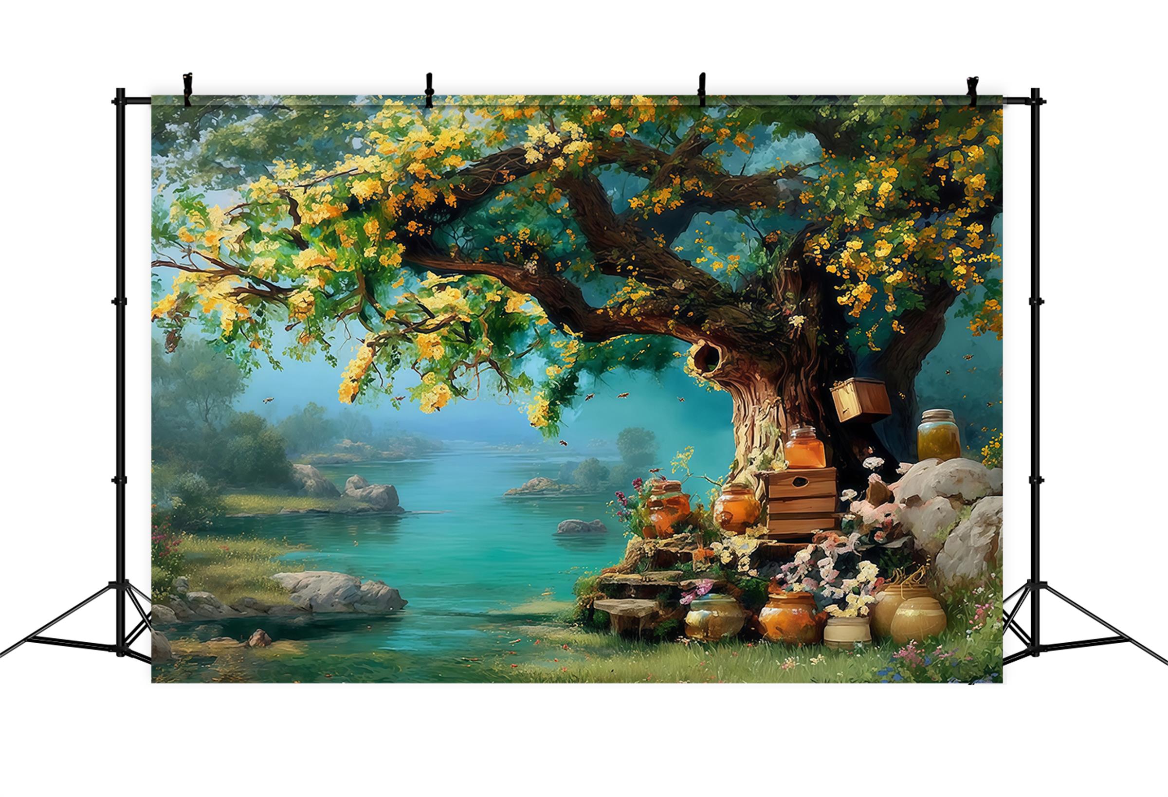 Oil Painting Backdrop Golden Honey Tree Riverside Garden Fine Art Backdrop UK MRR9-64