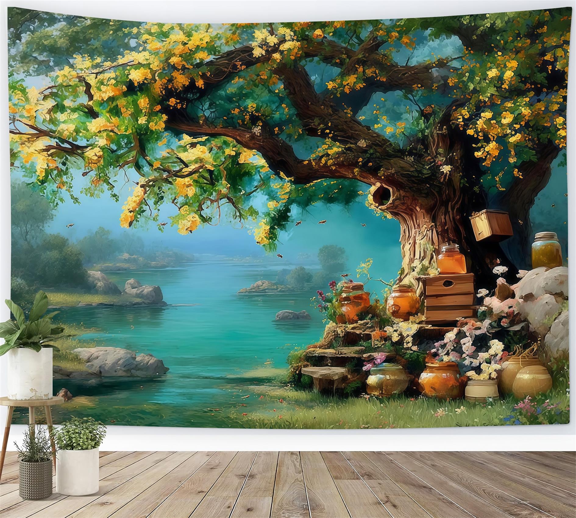 Oil Painting Backdrop Golden Honey Tree Riverside Garden Fine Art Backdrop UK MRR9-64