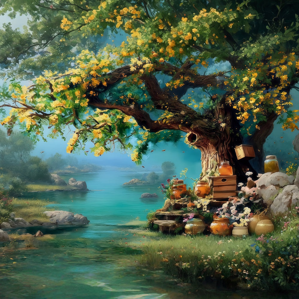 Oil Painting Backdrop Golden Honey Tree Riverside Garden Fine Art Backdrop UK MRR9-64