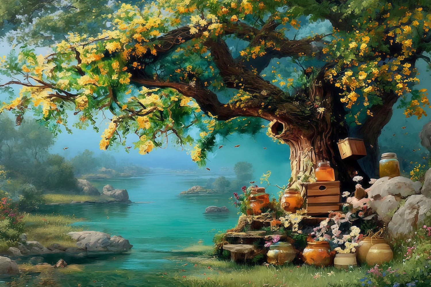 Oil Painting Backdrop Golden Honey Tree Riverside Garden Fine Art Backdrop UK MRR9-64