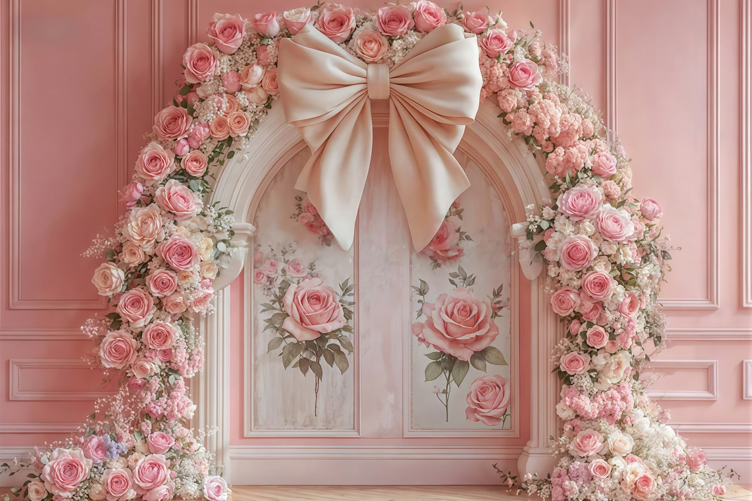 Flower Wall Backdrop Pink Roses Floral Bow Arch Vintage Wall Backdrop UK MRR9-84
