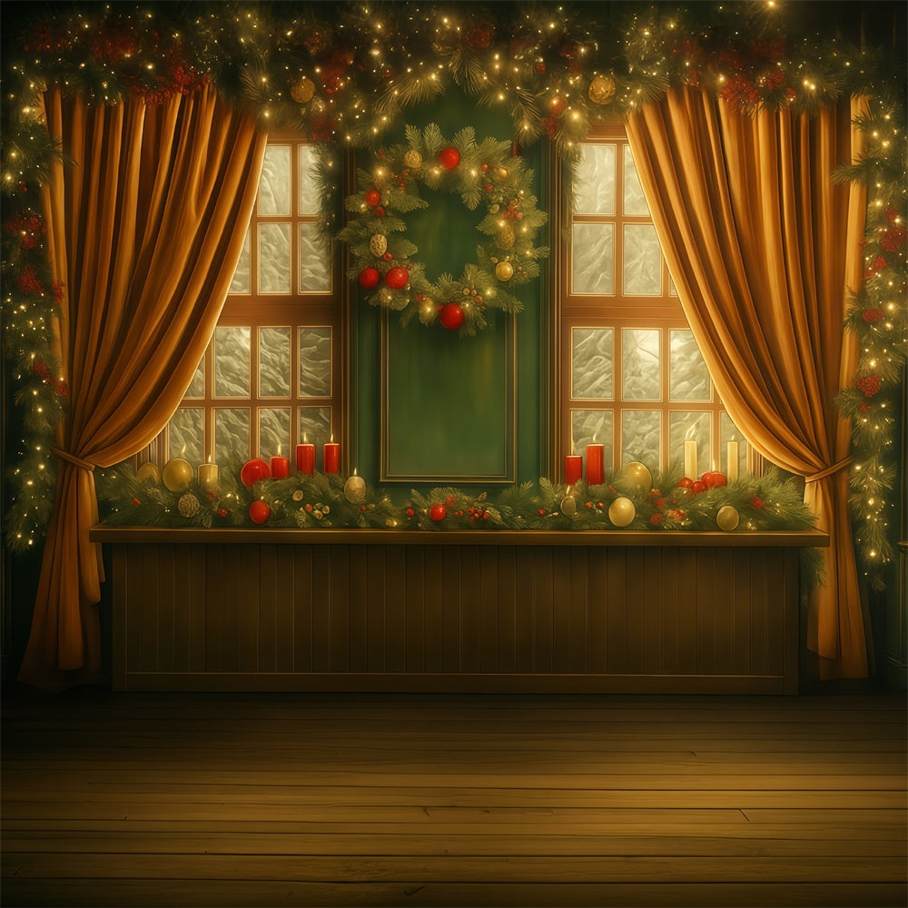 Christmas Backdrop Golden Curtain Window Christmas Photo Backdrops UK MRR9-93