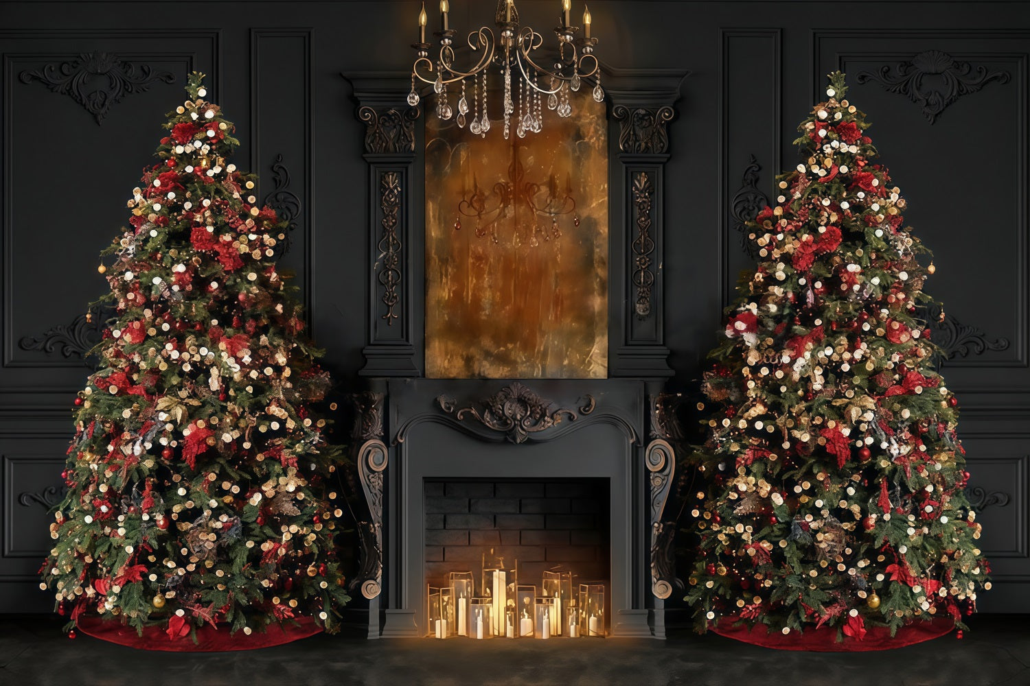 Christmas Fireplace Backdrop Elegant Trees Fireplace Glow Christmas Backdrop UK MRR9-99
