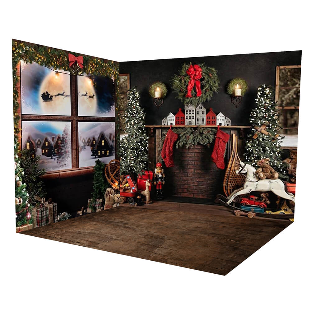 Christmas Trees Snowy Window Garland Backdrop Room Set