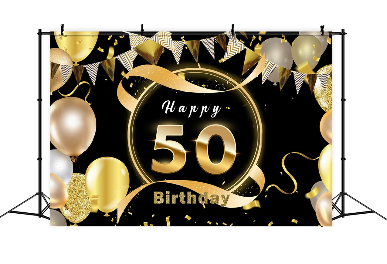 50th Birthday Backdrop Gold Confetti Balloons Custom Backdrop UK RR12-13